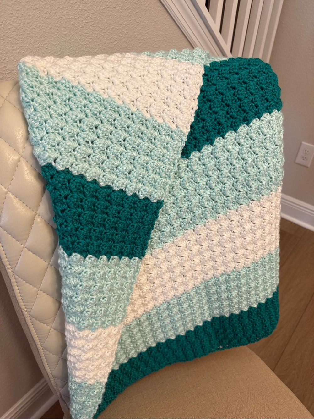 Striped Crochet Throw Blanket in Teal, Mint & White-NEW handmade
